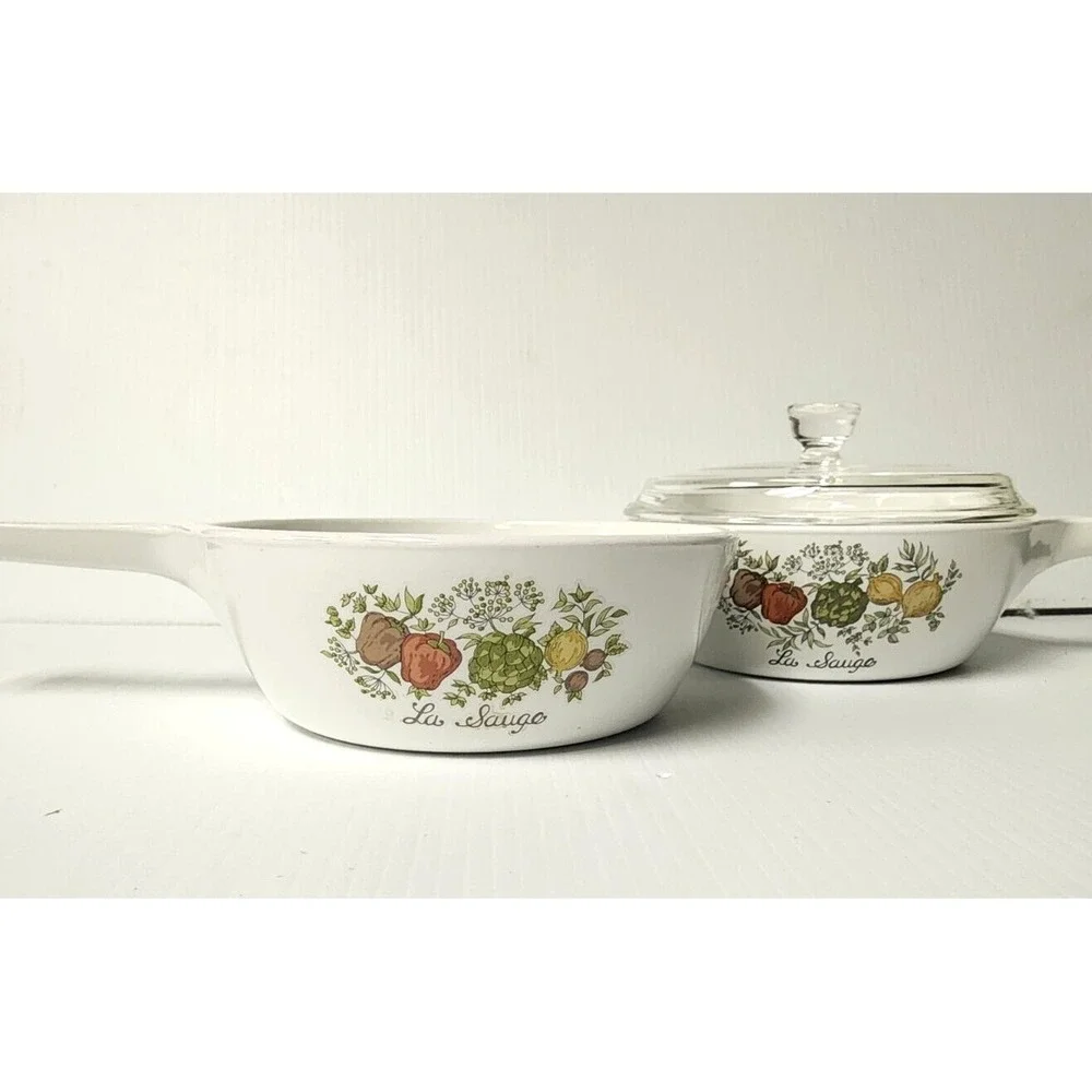 Vintage Corning Ware 2 Spice of Life‎ La Sauge 1 pint  Menuette Pans  with 1 lid